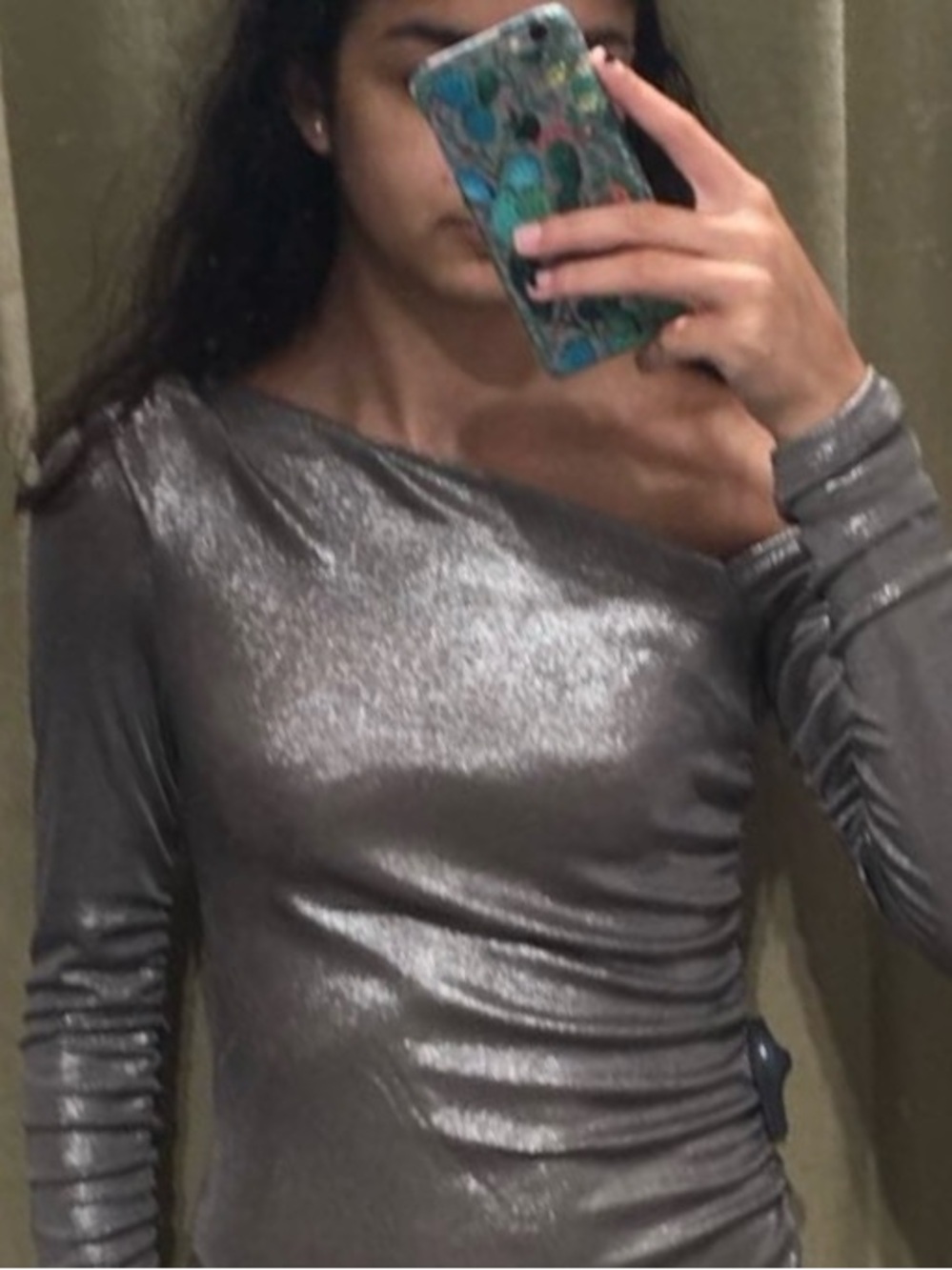 Zara Metallic Asymmetric Shoulder Long Sleeve Bodysuit — Silver
